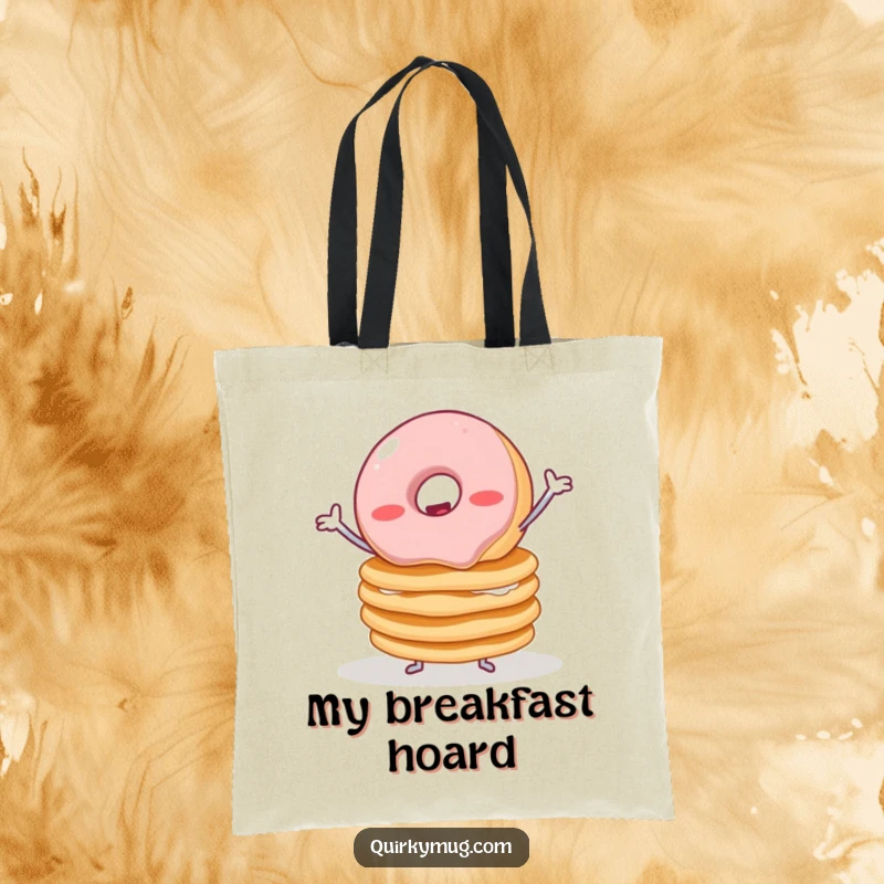 Funny tote bag showcasing a wobbly jelly donut with tiny arms struggling to balance a stack of pancakes, perfect for market runs.