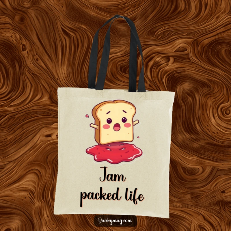 Funny tote bag with a surprised bread slice character comically falling into a puddle of jam, ideal for carrying goodies.