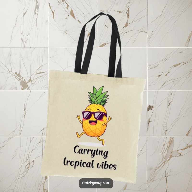 Funny giggling pineapple wearing sunglasses, doing the limbo, a humorous and stylish tote bag.