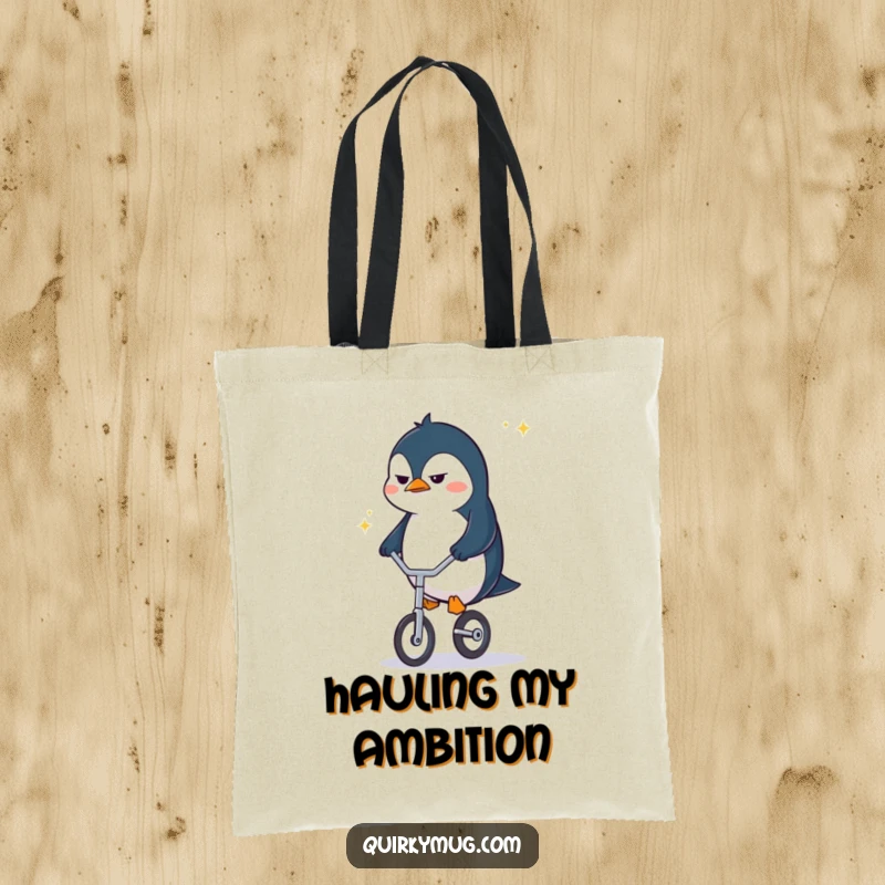 Funny penguin character carrying a tote bag, frowning intently while riding a tiny unicycle, showcasing determination.
