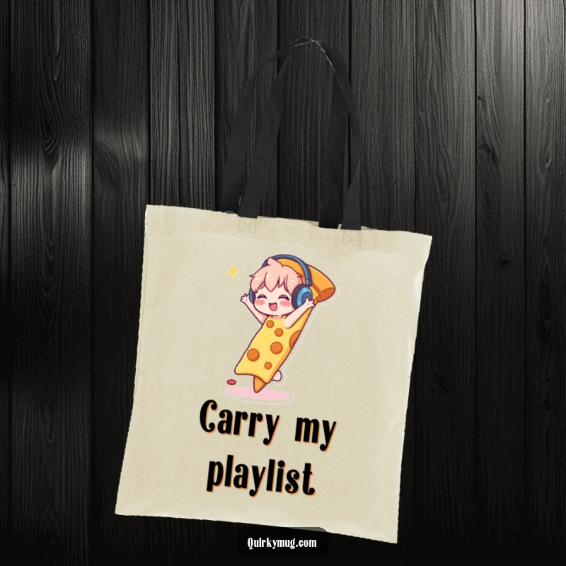 Funny tote bag with a cute character wearing headphones, happily dancing on a giant slice of pizza, perfect for carrying party gear.