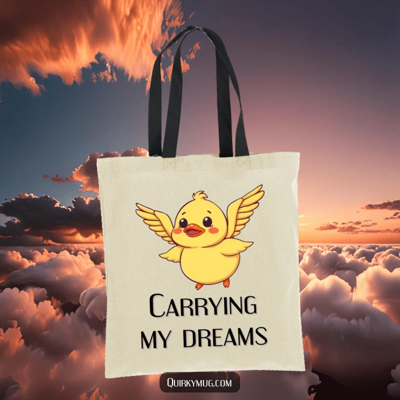 Funny Rubber Duck Tote Bag: A bewildered rubber duck tries to fly using its wings, a humorous and functional tote for daily use.