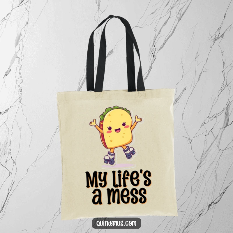 Funny taco character struggling to balance on roller skates, depicted on a durable tote bag.