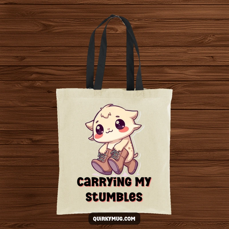 Funny Tripping Creature Tote Bag: A little creature wearing oversized boots, comically tripping, a humorous and practical accessory.
