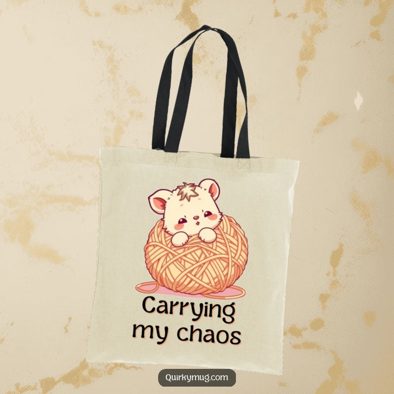 Funny Yarn Ball Tote Bag: A cute animal character tangled in a giant ball of yarn, a humorous and practical accessory.