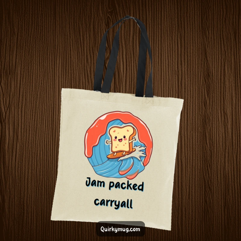 Funny tote bag depicting a cheerful toast character riding a giant jam wave, perfect for beach trips or grocery runs with a smile.
