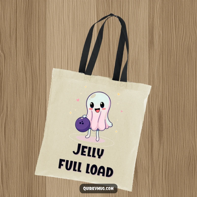 Funny tote bag featuring a wobbly jelly character trying to balance a heavy bowling ball, perfect for carrying groceries or gym gear with a smile.