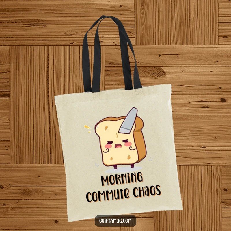 Funny tote bag depicting a flustered toast character trying to flee from a butter knife, whimsical and practical.
