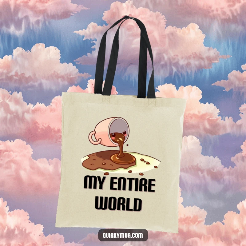 Funny Kawaii coffee cup character spilling a tiny amount of coffee on a vast landscape on a tote bag, looking slightly embarrassed.