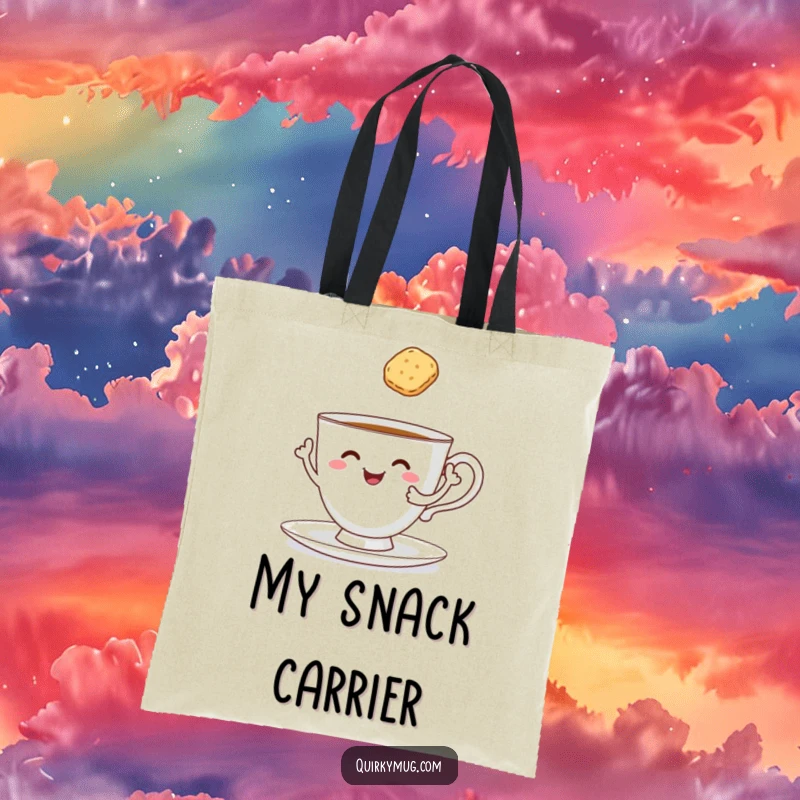 Funny cheerful teacup with arms lifting a biscuit towards itself, durable tote bag for snack lovers.