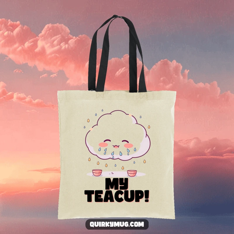 Funny Kawaii cloud character raining tiny teacups, ready to carry your items in this delightful tote bag.