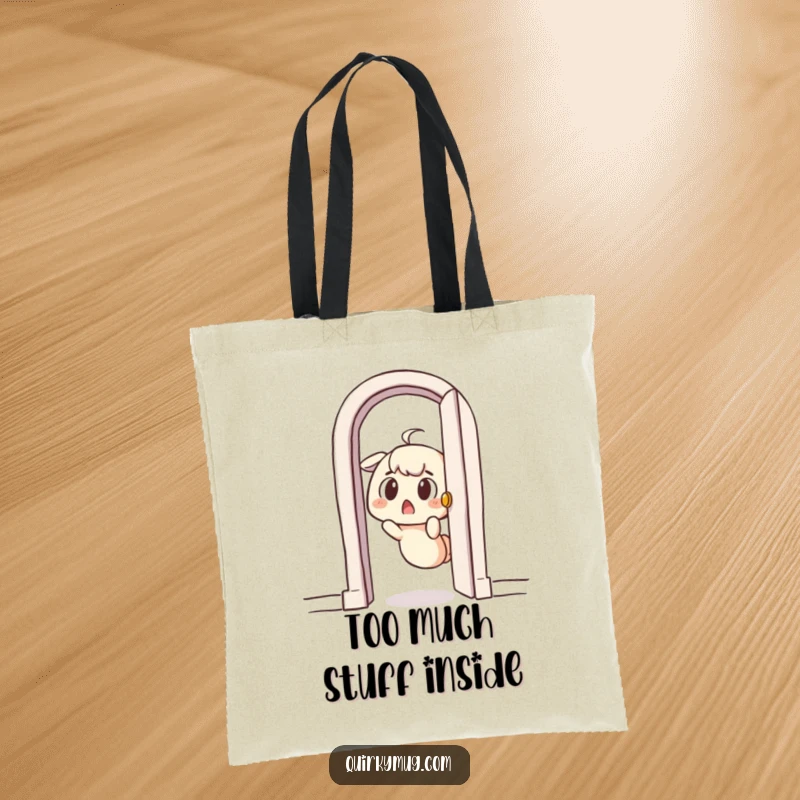 Funny tote bag with a surprised character comically stuck in a tiny doorway, ideal for carrying items with a humorous theme.