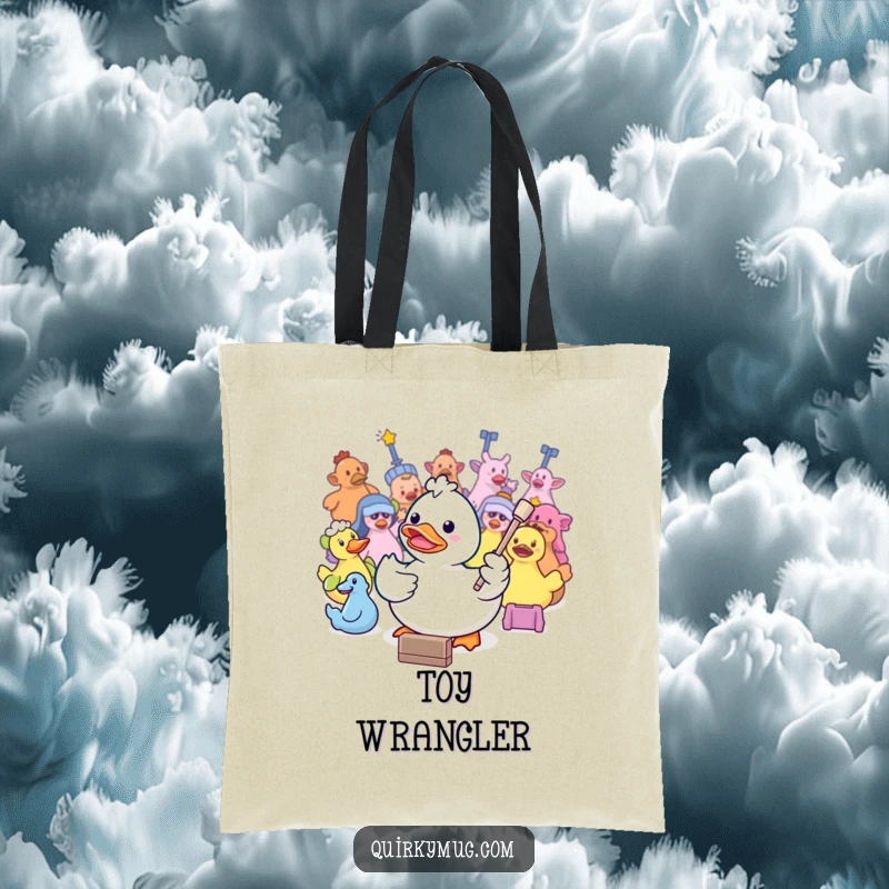 Funny Kawaii rubber duck leading a symphony of bath toys, ready to carry your items in this tote bag.