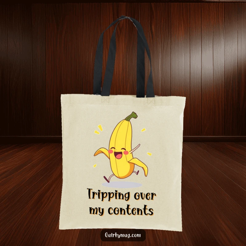 Funny Banana Peel Tote Bag: A delighted banana peel character is caught in a hilarious, exaggerated fall, ready to carry your items comically.
